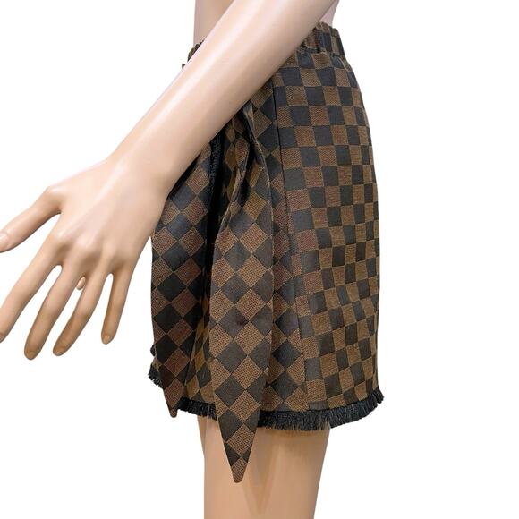 Judith March Checkered Plaid Wrap Mini Skirt Small Woven Fringe Brown Preppy - Picture 2 of 10